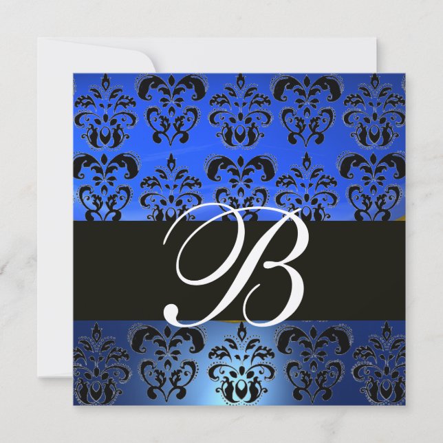 BLÅ SVART  DAMAST-MONOGRAM , Ljust Guld Vitt Inbjudningar (Framsida)