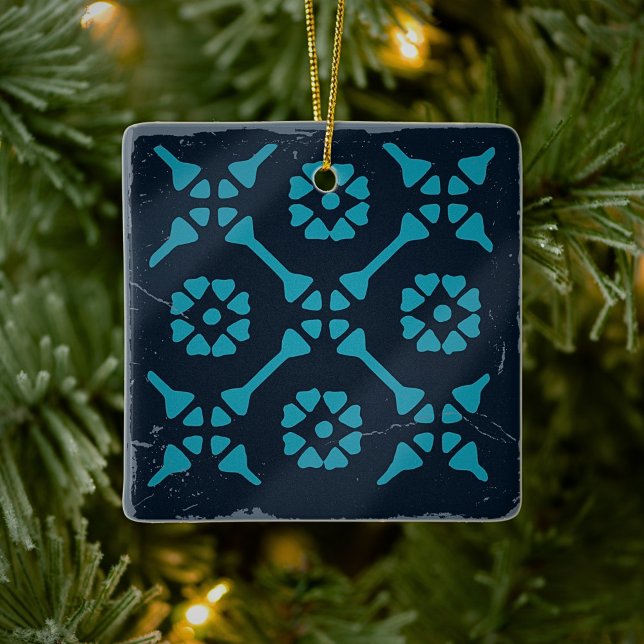 Blå Svart Geometrisk Kakel Brädspel Distressed  Julgransprydnad Keramik (Skapare uppladdad)