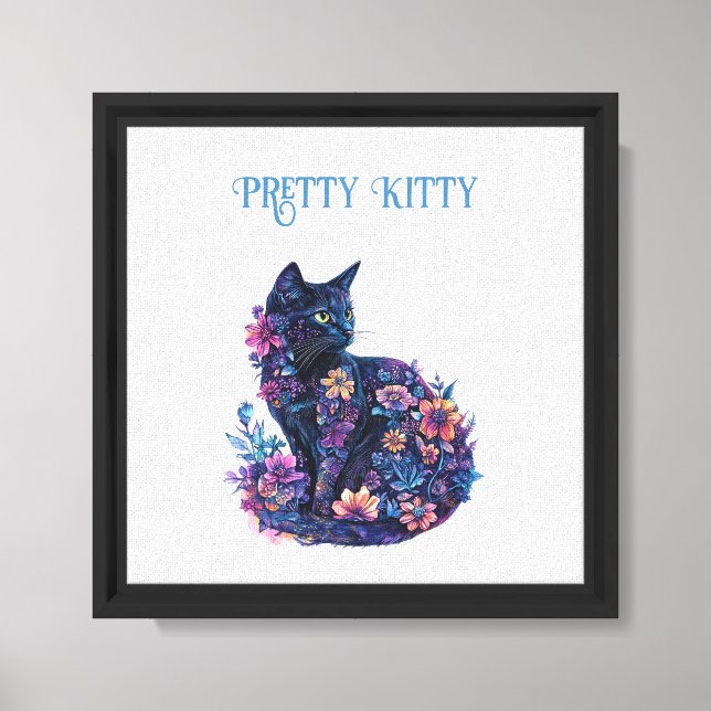 Blå Svart Katt Blommor Söt Kisse Canvastryck (Framsida)