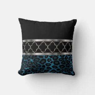 Blå, Svart och Silver Quatrefoil och Leopard Kudde