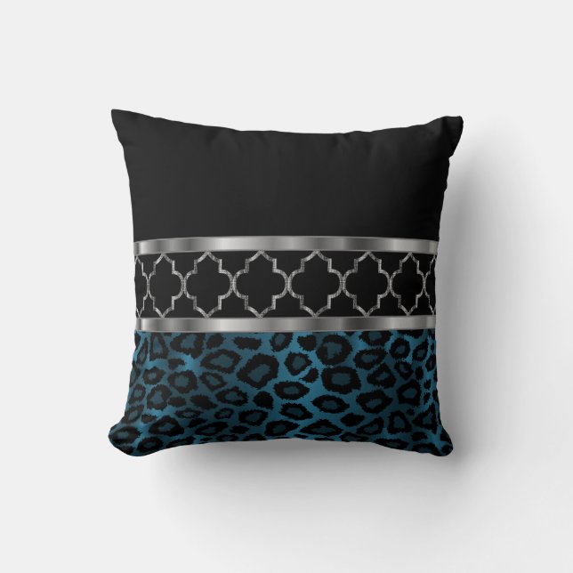 Blå, Svart och Silver Quatrefoil och Leopard Kudde (Framsida)