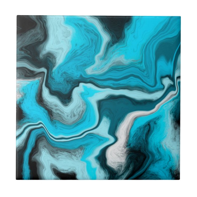 Blå, svart och vit marmorfluid Art Kakelplatta (Framsidan)