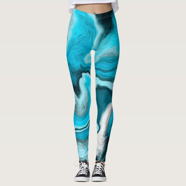 Blå, svart och vit marmorfluid Art Leggings (Framsida)