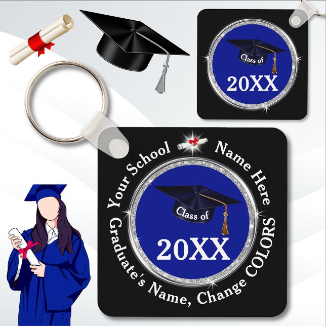 Blå, svart och vit, Studentfest-favoriter. Nyckelring (Personalized Graduation Party Favors. Cheap Graduation Favors. Graduation party ideas. Graduation. )