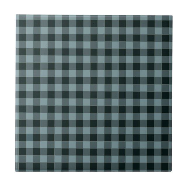 Blå svart rutig gingham-mönster kakelplatta (Framsidan)