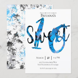 Blå Svart Silverstänk Sweet 16 Födelsedag Inbjudningar