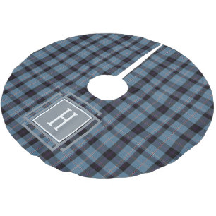 Blå Svart Tartan Monogram  Julgransmatta Borstad Polyester
