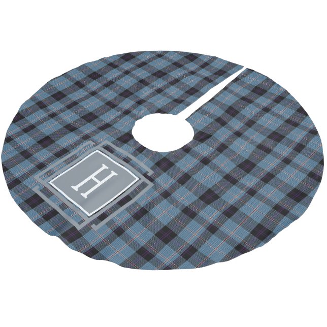 Blå Svart Tartan Monogram  Julgransmatta Borstad Polyester (Vinklad)