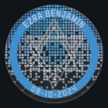 Blå Svart TV-Spel Gamer Bar Mitzvah Runt Klistermärke<br><div class="desc">Blå,  svarta och grå (gråa) regnande pixlar spelare eller tv-spel Bar Mitzvah present klistermärke eller kuvert sigill.</div>