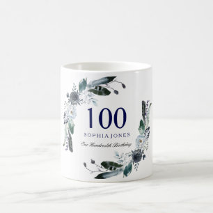 Blå svart, vit Blommigt, 100:e födelsedagsgåva Kaffemugg