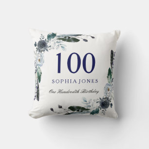 Blå svart, vit Blommigt, 100:e födelsedagsgåva Kudde