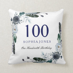 Blå svart, vit Blommigt, 100:e födelsedagsgåva Kudde