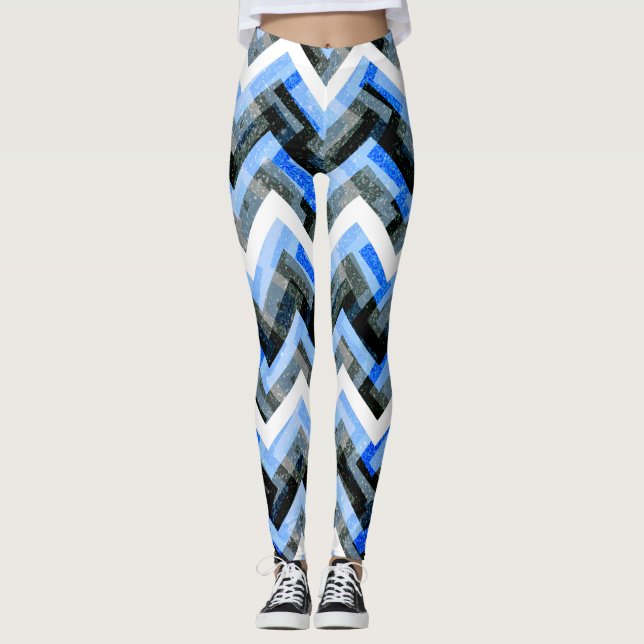Blå Svart Vit Chevron Texturerad Leggings (Framsida)