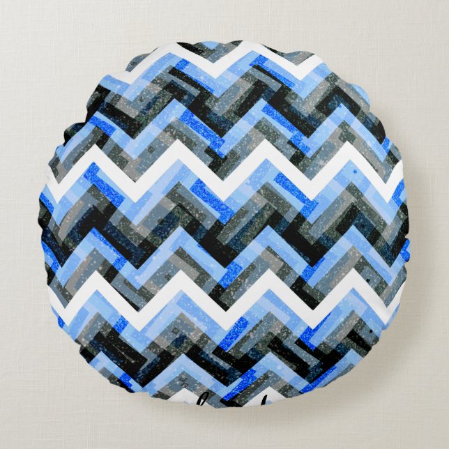 Blå Svart Vit Chevron Texturerad Rund Kudde (Framsidan)