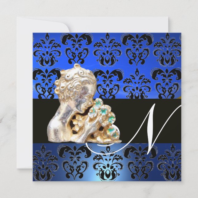 BLÅ, SVART, VIT DAMAST JUWEL MONOGRAM INBJUDNINGAR (Framsida)