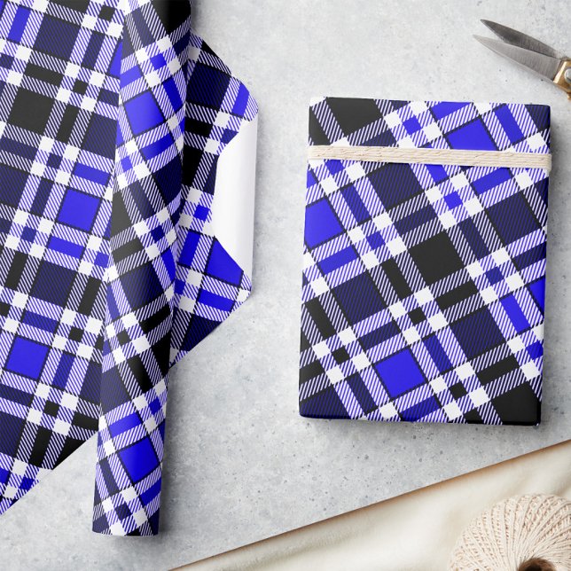 Blå Svart Vit Flanell Tartan Mönster Design  Presentpapper (Skapare uppladdad)