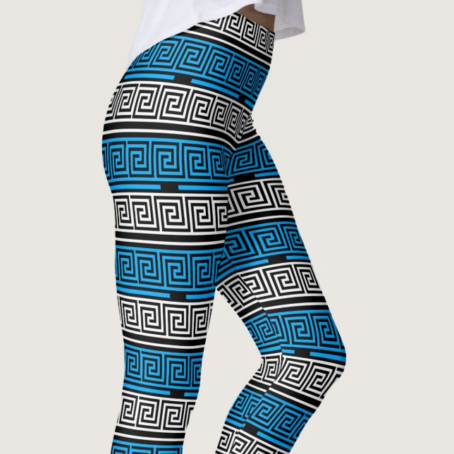 Blå Svart Vit Grekisk Nyckel Fret Mönster Design  Leggings (Skapare uppladdad)