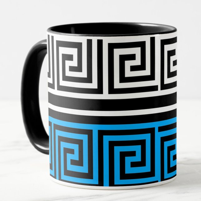Blå Svart Vit Grekisk Nyckel Fret Mönster Design  Mugg (Skapare uppladdad)
