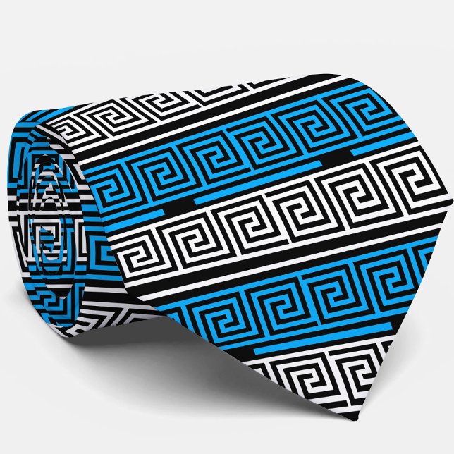 Blå Svart Vit Grekisk Nyckel Fret Mönster Design  Slips (Skapare uppladdad)