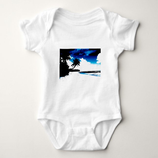 Blå Svart Vit palmer Silhuett Tee Shirt (Framsida)