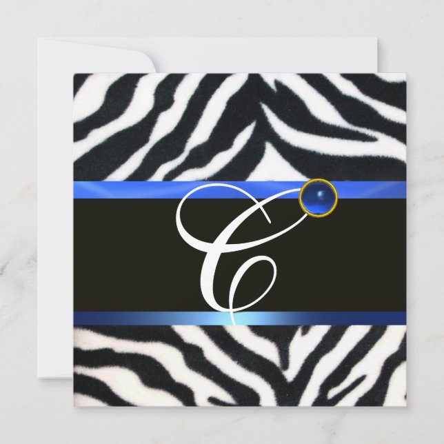 BLÅ SVART VIT ZEBRA FÄLL MONOGRAM, Safir Inbjudningar (Framsida)