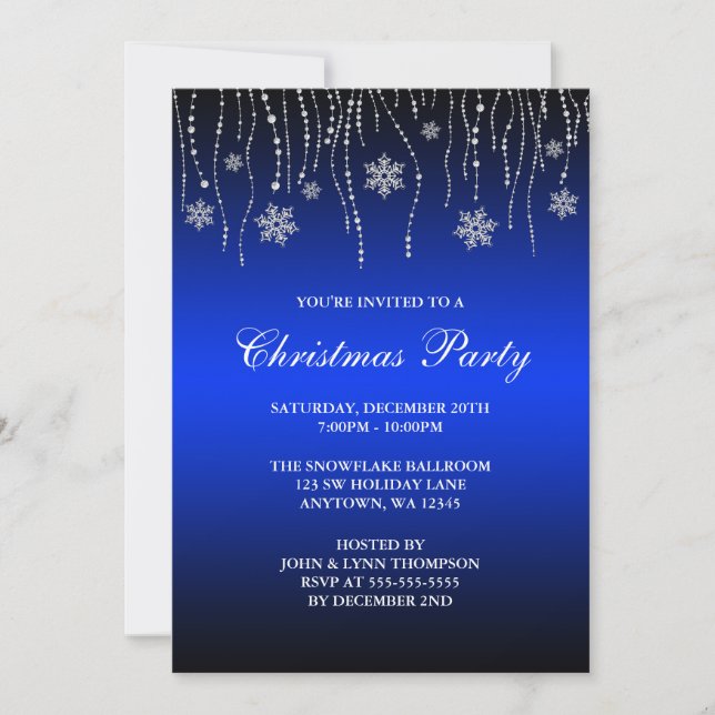 Blå svarta glittrande snöflingor julfest inbjudningar (Framsida)