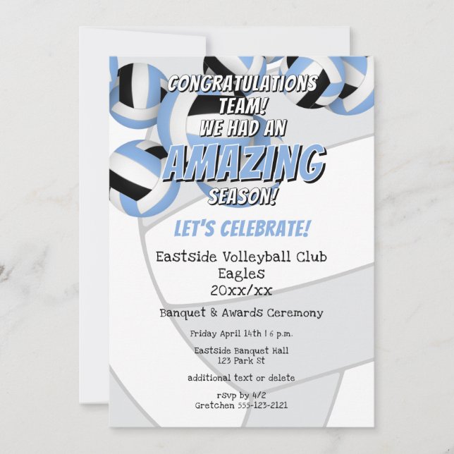 Blå svarta lag färg-pojkar volleyball party inbjudningar (Framsida)