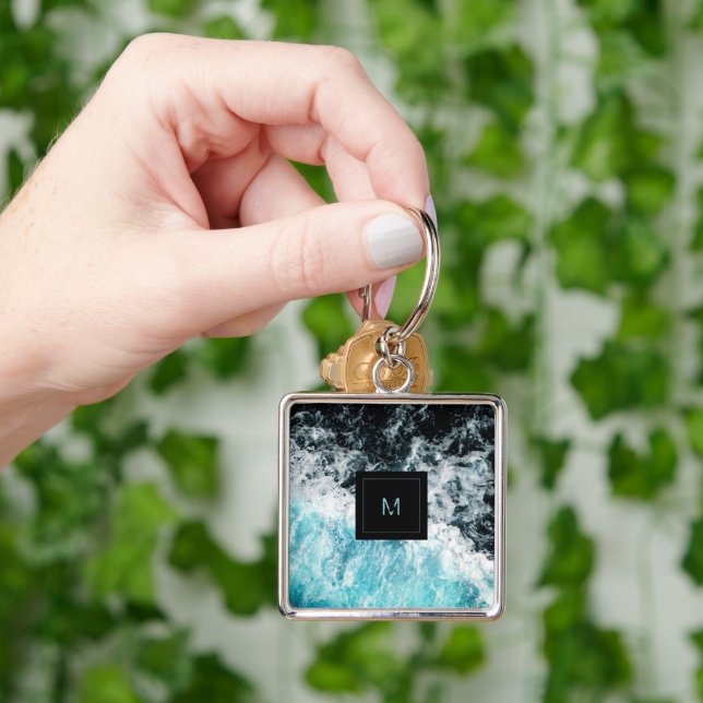 Blå svarta oceanen Vågar Hawaii Monogram Fyrkantig Silverfärgad Nyckelring (Hand)