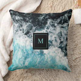Blå svarta oceanen Vågar Hawaii Monogram Kudde