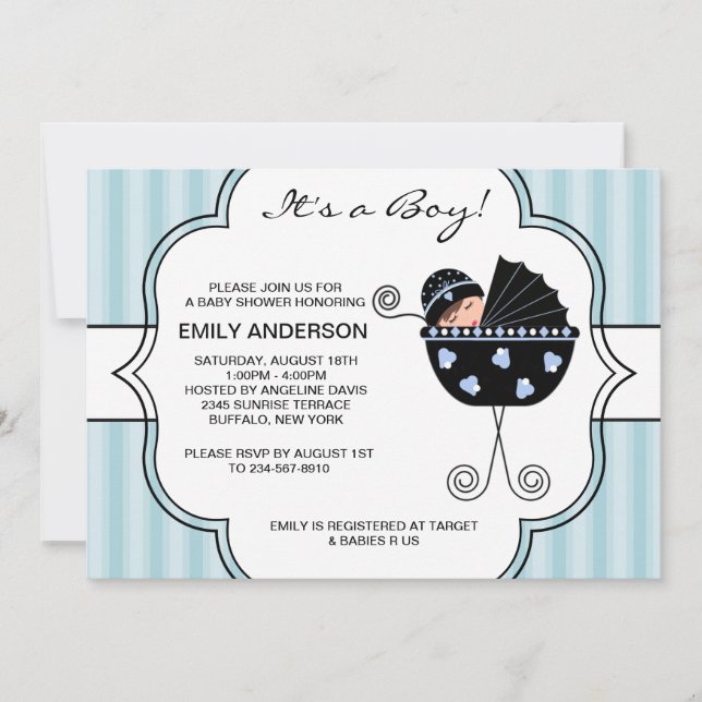 Blå Svarta Randiga Pojk Babyshower Inbjudningar (Framsida)
