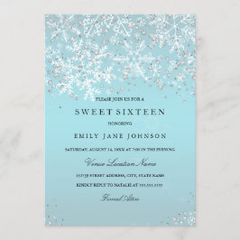 Blå Sweet Sixteen Vinter Värld Snöflingor Inbjudningar