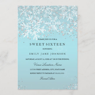Blå Sweet Sixteen Vinter Värld Snöflingor Inbjudningar