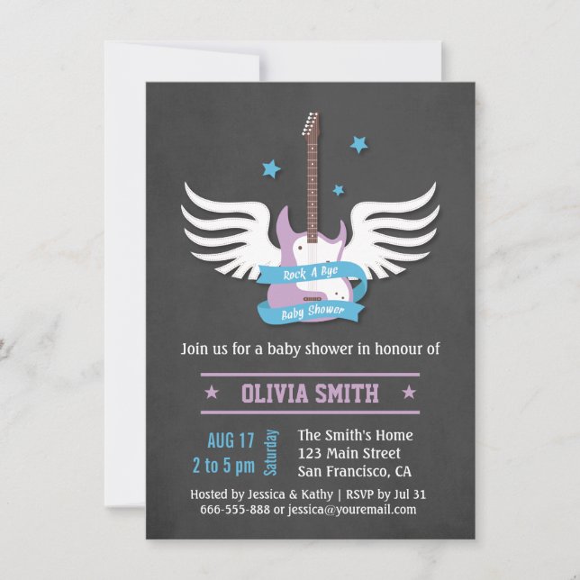 Blå Syren Gitarr Rock a Bye Baby Shower Anpassad Inbjudningar (Framsida)