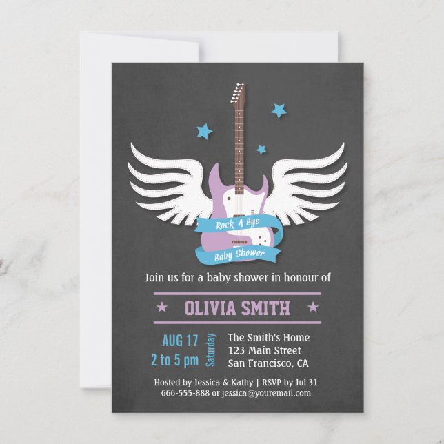 Blå Syren Gitarr Rock a Bye Baby Shower Inbjudningar (Framsida)