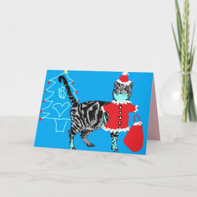 Blå Tabby katt-kort för jultomten Tassar Kort (Framsida)