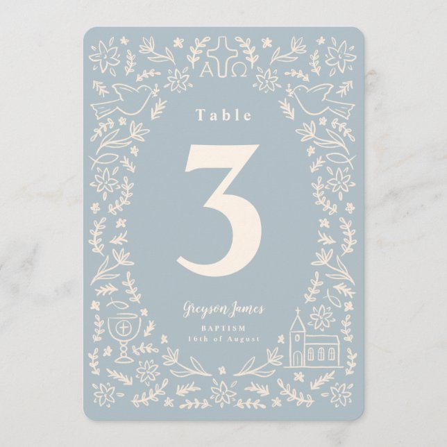 Blå tabellnummer med blom- och kristna symboler (Framsida)