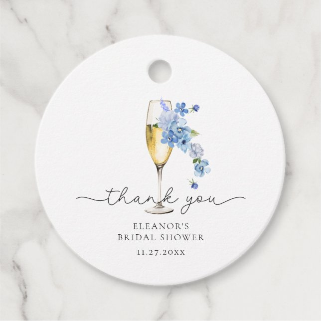 Blå Tacksamma Kronblad & Prosecco Bröllopsfest Gåvor Etiketter (Framsida)