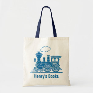 Blå tåg-ungar med namnet id bibliotek tote bag tygkasse