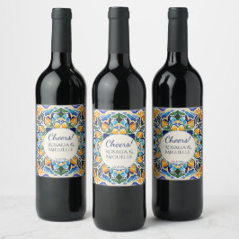 Blå talavera azul-vintage Mexikanska bröllop-kusin Vinflaska Etikett