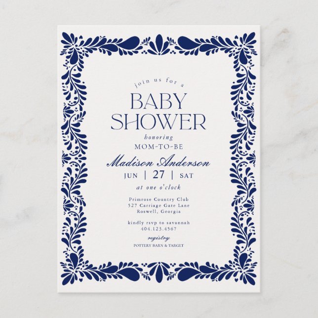 Blå Talavera-kakel Spansk Fiesta Bebis Shower Vykort (Framsida)