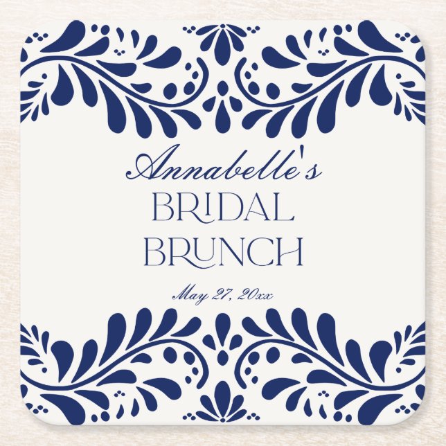 Blå Talavera-kakel Spansk Fiesta Bröllopsbrunch Underlägg Papper Kvadrat (Framsidan)