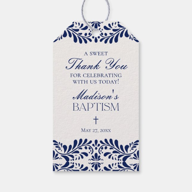 Blå Talavera-kakel Spanska fiesta dopgåvor Presentetikett (Baksidan)