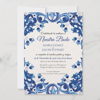 Blå Talavera Majolica Blommig Boda Spansk Bröllop Inbjudningar