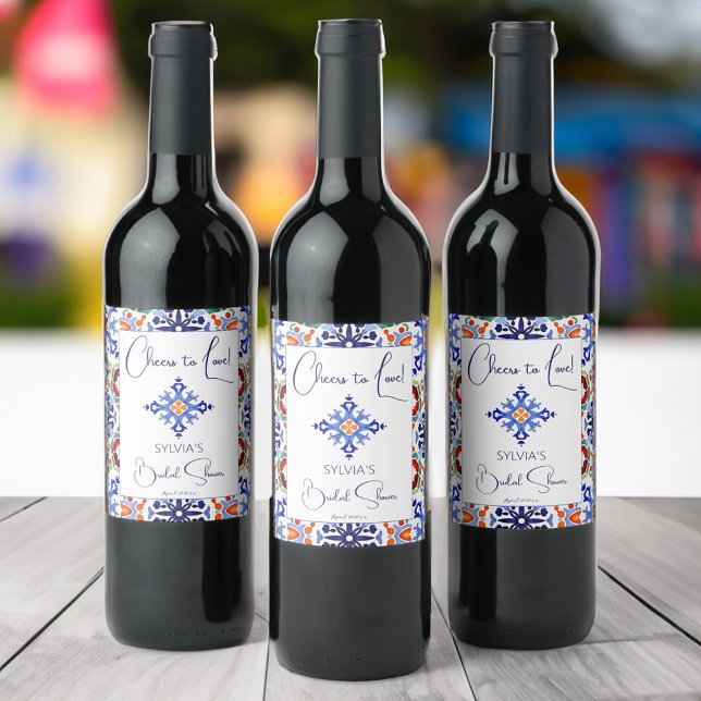 Blå talavera mexikanska plattor, tryckt mall vinflaska etikett (Blue talavera Mexican tiles Spanish bridal shower printed template Wine Label personalized tableware)