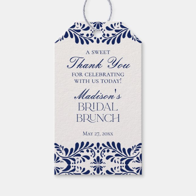 Blå Talavera-plattor Fiesta BröllopsbrunchFavoritg Presentetikett (Framsidan)