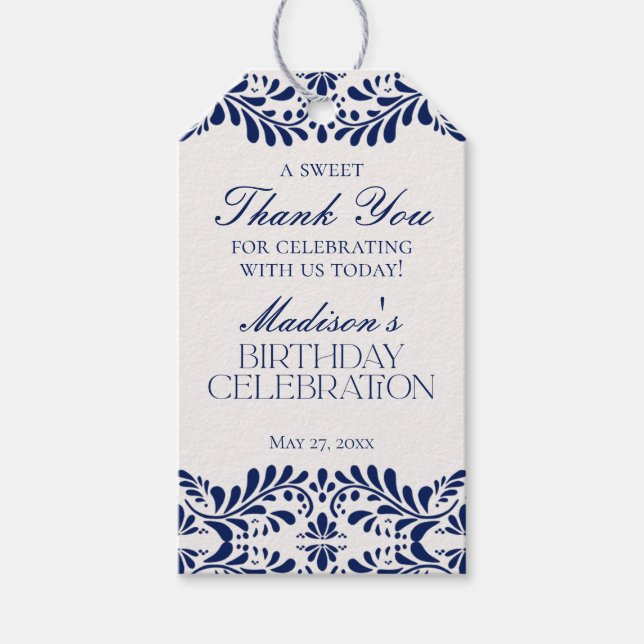 Blå Talavera-plattor Fiesta-födelsedagsfirande par Presentetikett (Framsidan)