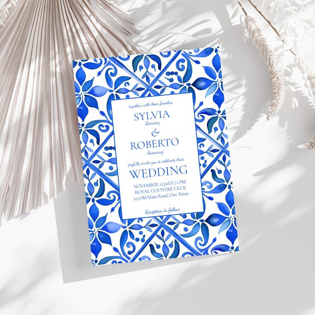 Blå talavera-plattor vintage Mexikanska bröllop Inbjudningar (Blue Talavera Azulejo tiles vintage Mexican Spanish wedding Invitation template instant download)