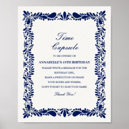 Blå talavera Tile Time Capsule Baby Birthday Game Poster