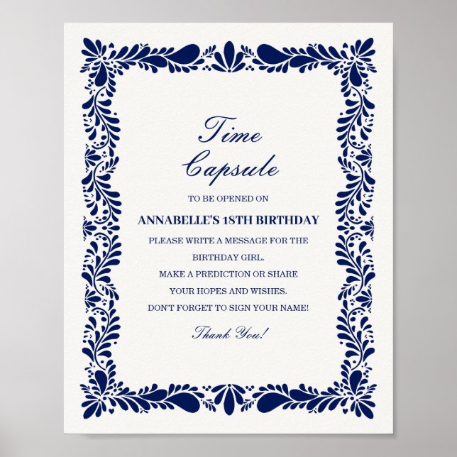 Blå talavera Tile Time Capsule Baby Birthday Game Poster (Framsidan)