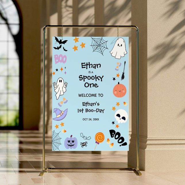Blå talesman en Halloween 1:a födelsedag Poster (Blue Spooky One Cute Ghost Halloween 1st Birthday Welcome Sign )